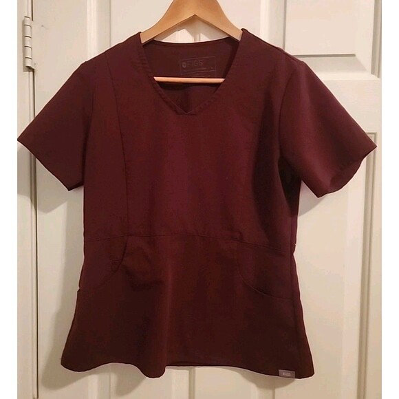 Figs Womens Scrubs Small Burgandy Top Front Pockets V-Neck - Picture 7 of 8